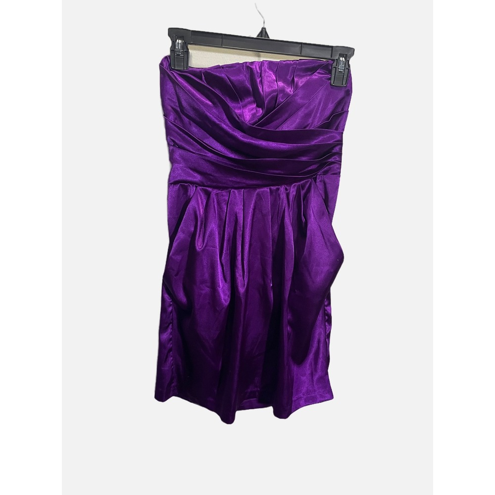 Love Reign Strapless Dress Womens 3 Purple Satin Ruched Bubble Hem Prom Y2K